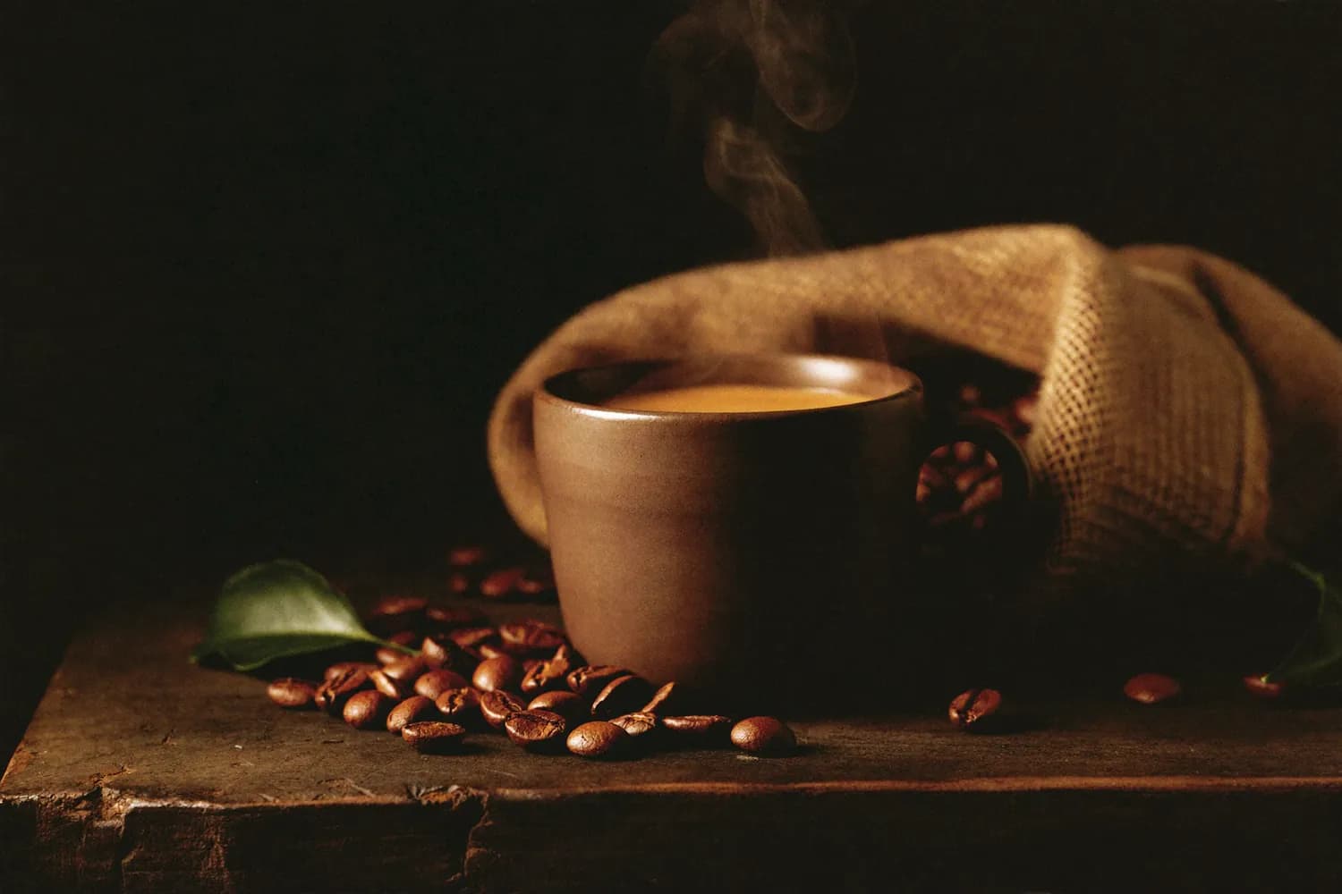 Xícara de café da TERRAL sobre madeira escura, cercada de grãos torrados e folhas de café.